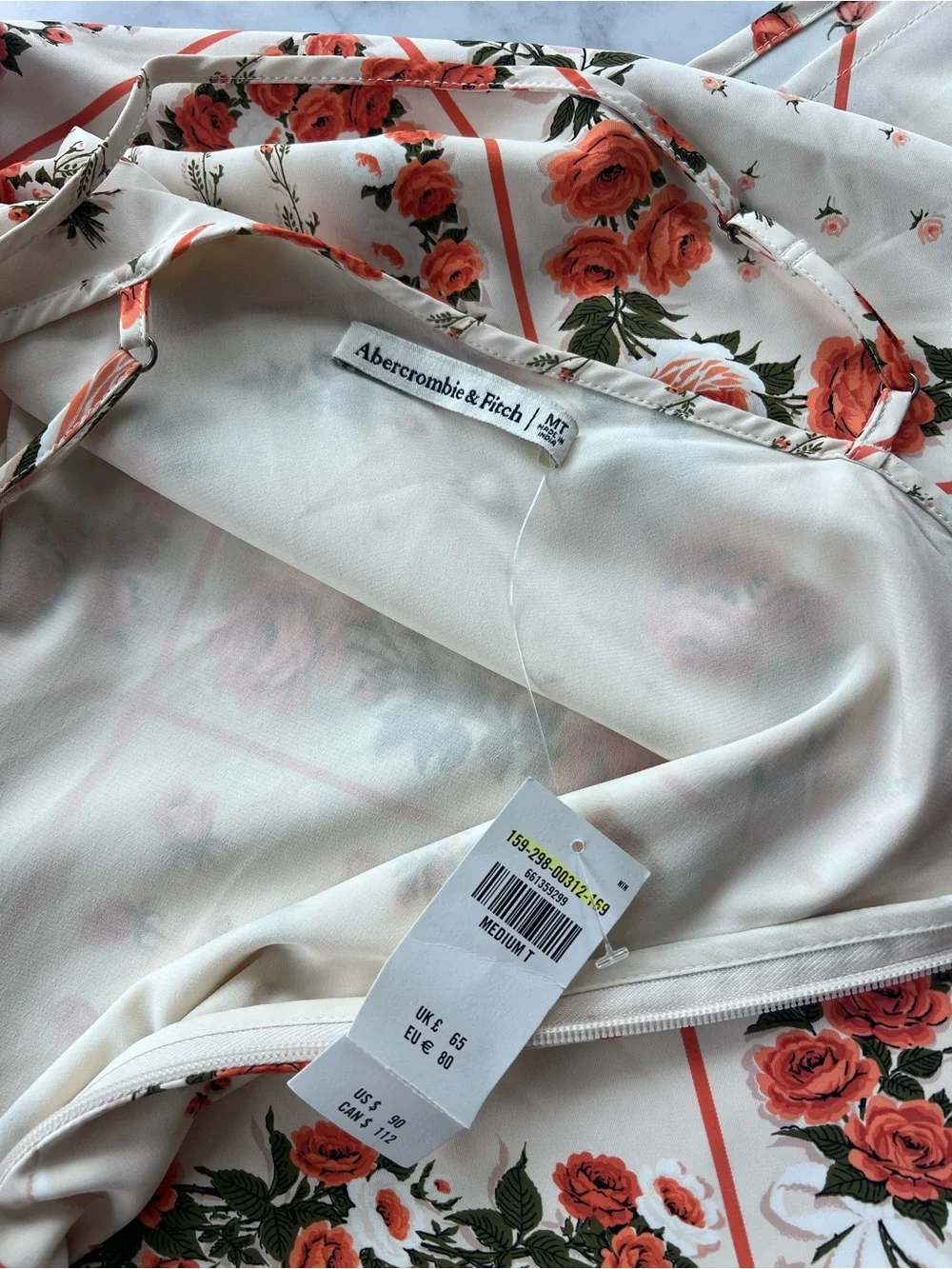 NWT Abercrombie Slip Dress in Cream Pattern Floral Orange Size Medium Tall